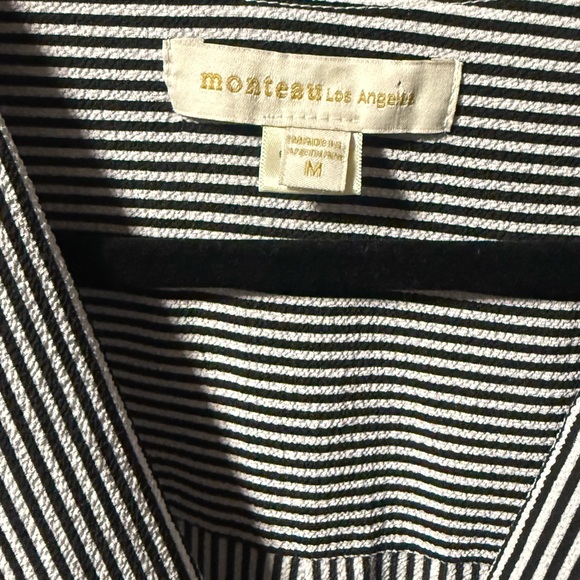 Monteau Black & White Striped V-Neck Mini Dress with Tie Waist - Picture 2 of 2